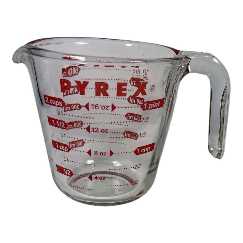 Vintage Pyrex Glass Measuring Cup Red Lettering Open J Handle 2 Cup 1 Pint